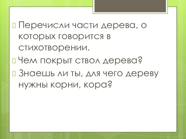 Перечисли части дерева, о которых говорится в стихотворении. Чем покрыт ствол дерева?