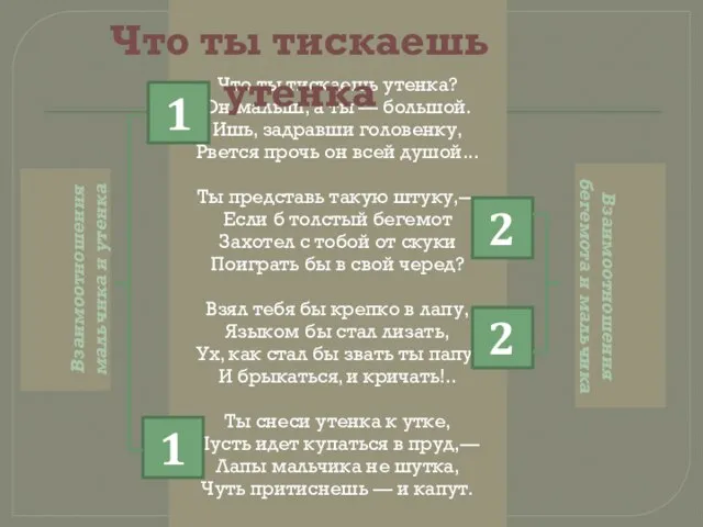 Что ты тискаешь утенка? Он малыш, а ты — большой. Ишь, задравши