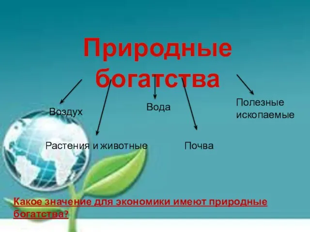 Природные богатства Воздух Вода Полезные ископаемые Почва Растения и животные Какое значение