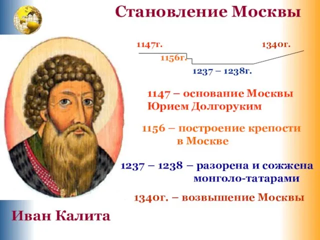 1147г. 1156г. 1237 – 1238г. 1340г. 1147 – основание Москвы Юрием Долгоруким