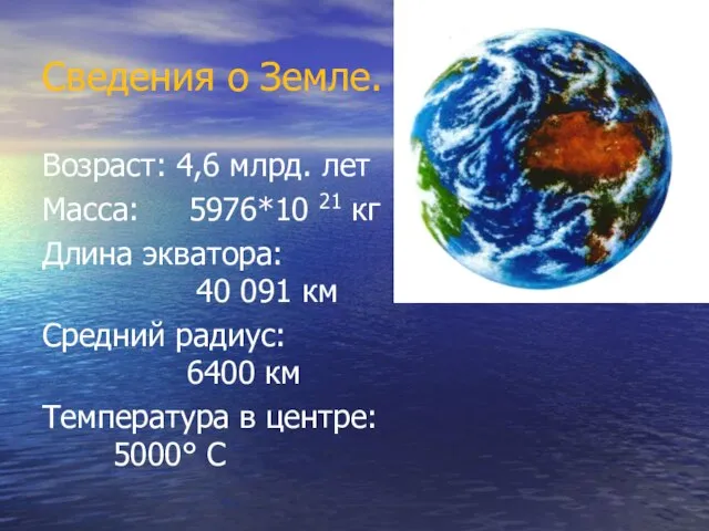 Сведения о Земле. Возраст: 4,6 млрд. лет Масса: 5976*10 21 кг Длина