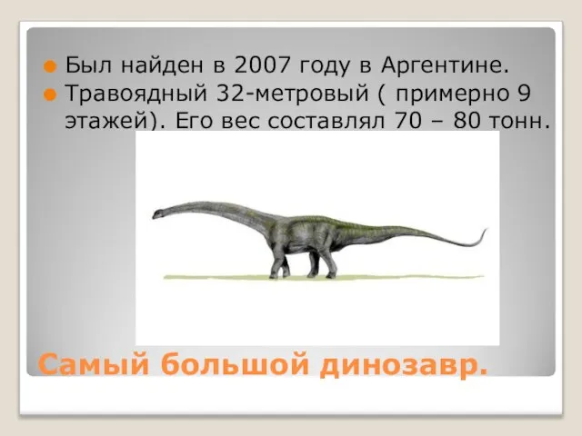 Самый большой динозавр. Был найден в 2007 году в Аргентине. Травоядный 32-метровый