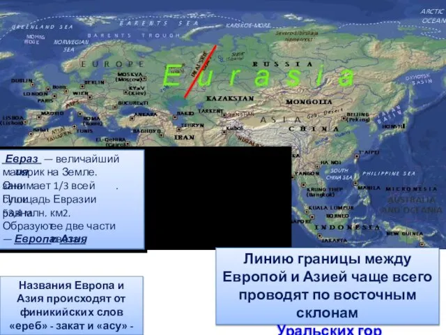 Названия Европа и Азия происходят от финикийских слов «ереб» - закат и