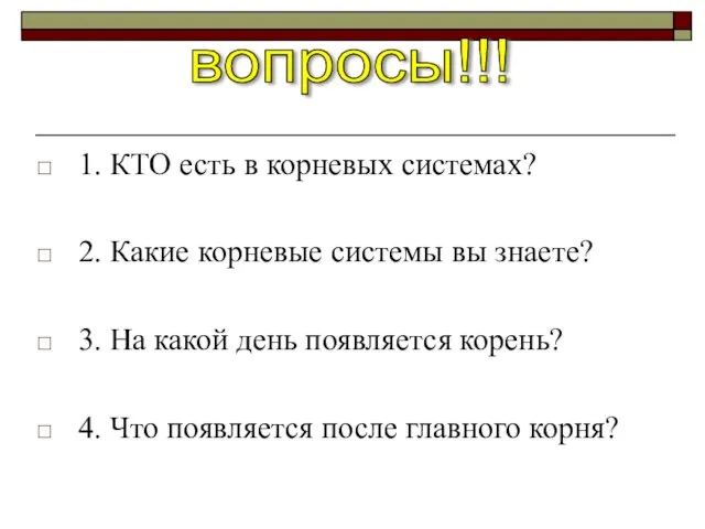 1. КТО есть в корневых системах? 2. Какие корневые системы вы знаете?