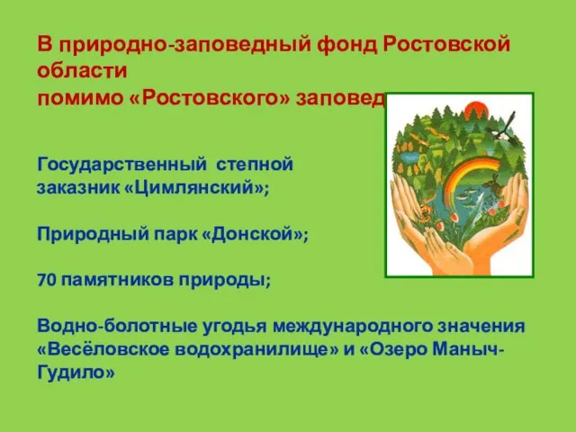 В природно-заповедный фонд Ростовской области помимо «Ростовского» заповедника входят: Государственный степной заказник