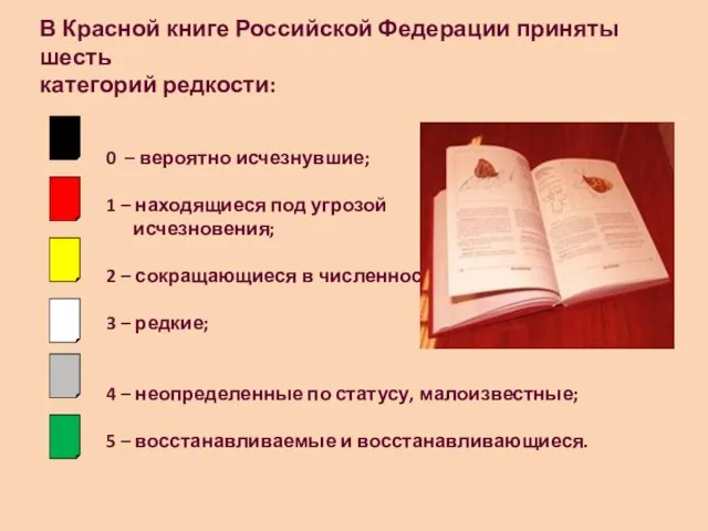 В Красной книге Российской Федерации приняты шесть категорий редкости: 0 – вероятно