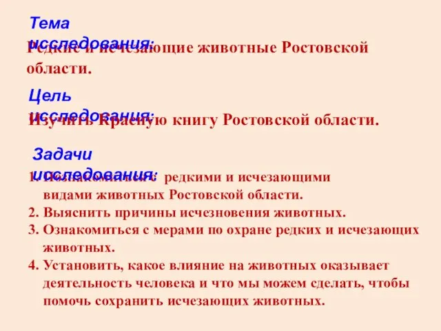 Редкие и исчезающие животные Ростовской области. Тема исследования: Цель исследования: 1. Познакомиться