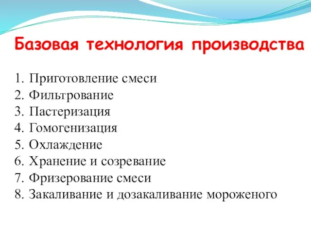 Базовая технология производства Приготовление смеси Фильтрование Пастеризация Гомогенизация Охлаждение Хранение и созревание