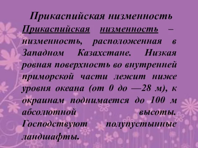 Прикаспийская низменность Прикаспийская низменность – низменность, расположенная в Западном Казахстане. Низкая ровная