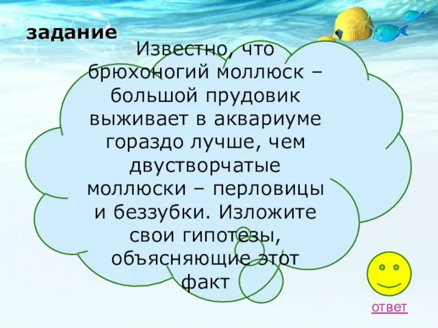 задание Известно, что брюхоногий моллюск – большой прудовик выживает в аквариуме гораздо