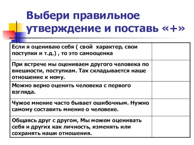 Выбери правильное утверждение и поставь «+»