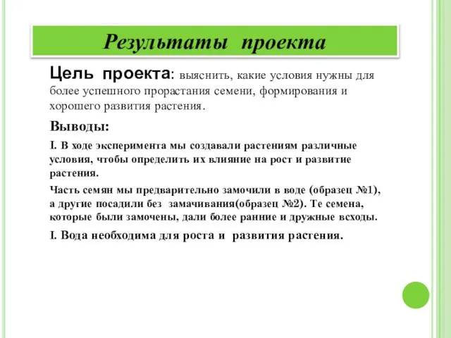 Цель проекта: выяснить, какие условия нужны для более успешного прорастания семени, формирования