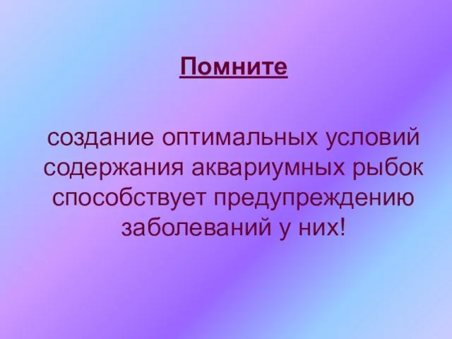 Помните создание оптимальных условий содержания аквариумных рыбок способствует предупреждению заболеваний у них!