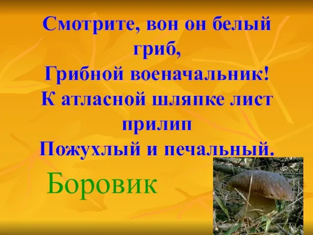 Смотрите, вон он белый гриб, Грибной военачальник! К атласной шляпке лист прилип Пожухлый и печальный. Боровик