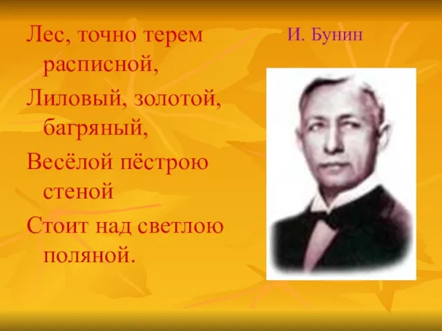 Лес, точно терем расписной, Лиловый, золотой, багряный, Весёлой пёстрою стеной Стоит над светлою поляной. И. Бунин