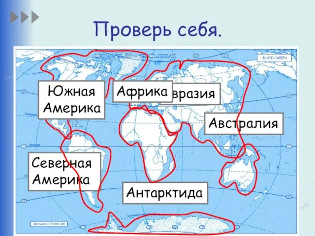 Проверь себя. Антарктида Австралия Евразия Северная Америка Африка Южная Америка