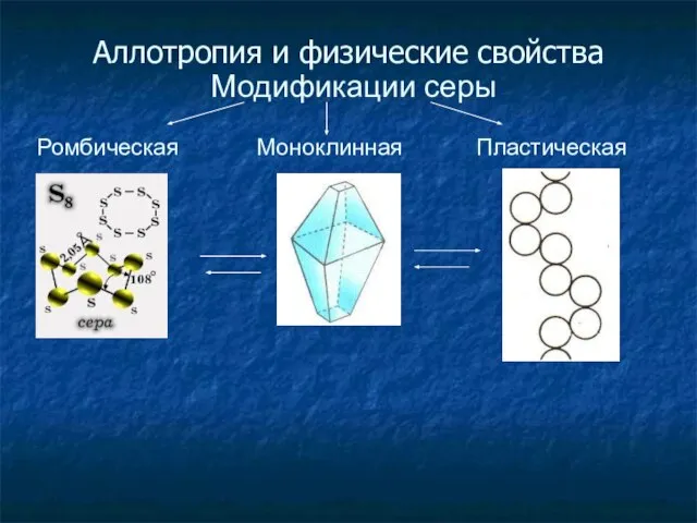 Аллотропия и физические свойства Модификации серы Ромбическая Моноклинная Пластическая