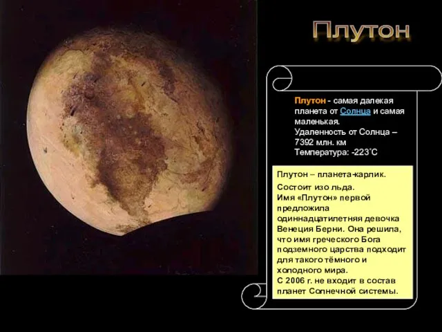 Плутон Плутон – планета-карлик. Состоит изо льда.. Имя «Плутон» первой предложила одиннадцатилетняя