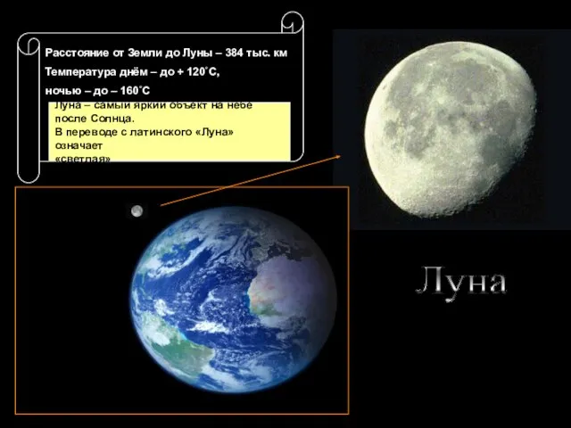 Луна Расстояние от Земли до Луны – 384 тыс. км Температура днём