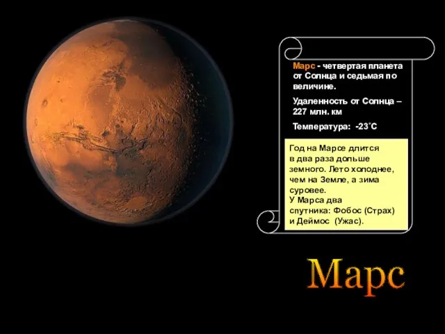 Марс Марс - четвертая планета от Солнца и седьмая по величине. Удаленность