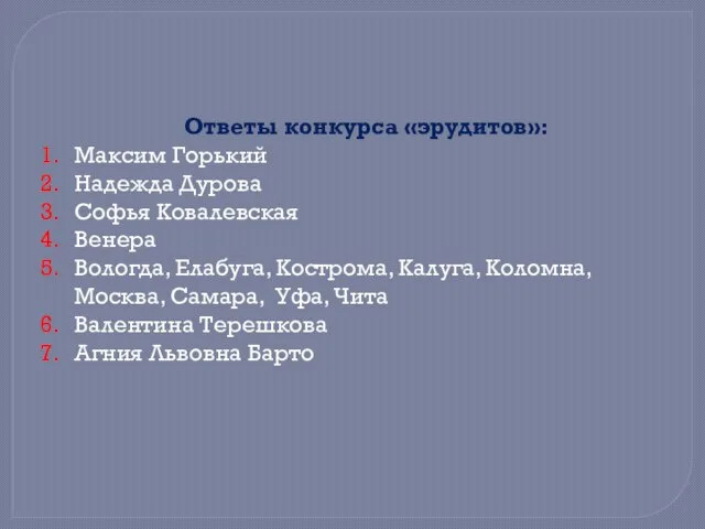 Ответы конкурса «эрудитов»: Максим Горький Надежда Дурова Софья Ковалевская Венера Вологда, Елабуга,