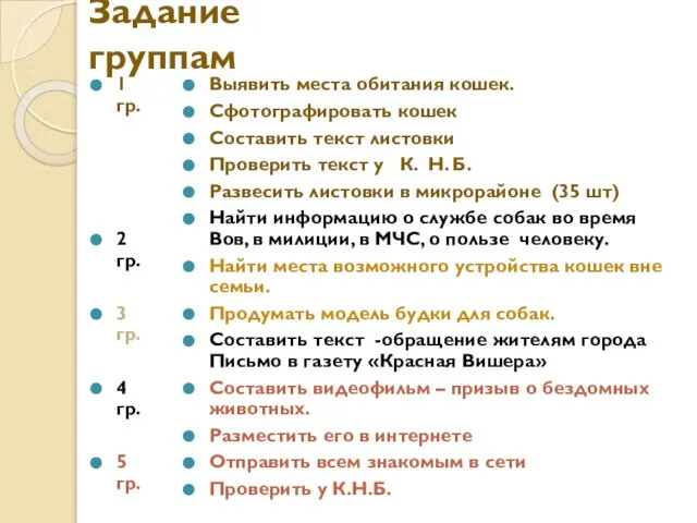 Задание группам 1 гр. 2 гр. 3 гр. 4 гр. 5 гр.