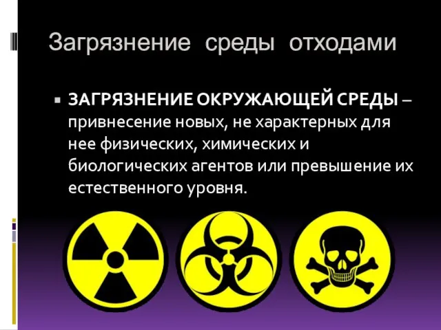 Загрязнение среды отходами ЗАГРЯЗНЕНИЕ ОКРУЖАЮЩЕЙ СРЕДЫ – привнесение новых, не характерных для