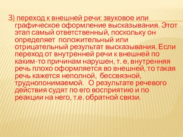 3) переход к внешней речи: звуковое или графическое оформление высказывания. Этот этап