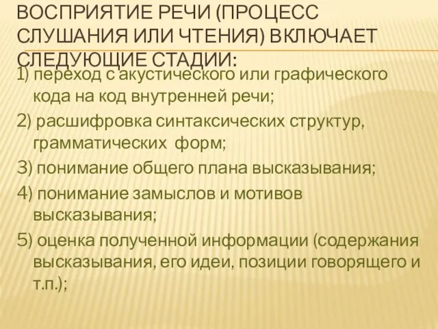 Восприятие речи (процесс слушания или чтения) включает следующие стадии: 1) переход с