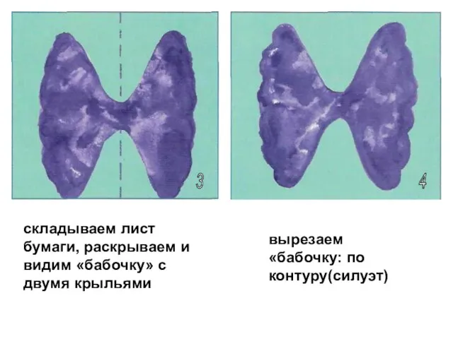 3 4 складываем лист бумаги, раскрываем и видим «бабочку» с двумя крыльями вырезаем «бабочку: по контуру(силуэт)