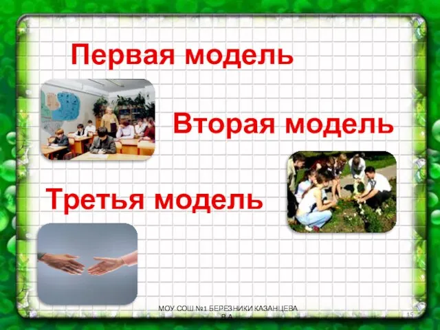 Первая модель Вторая модель Третья модель МОУ СОШ №1 БЕРЕЗНИКИ КАЗАНЦЕВА В.А.