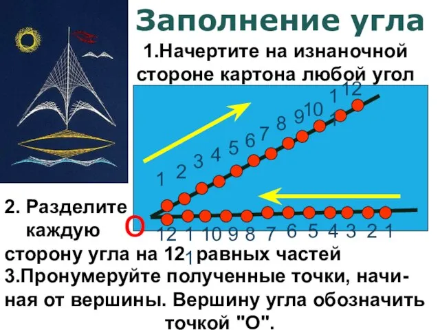 Заполнение угла 1.Начертите на изнаночной стороне картона любой угол 2. Разделите каждую