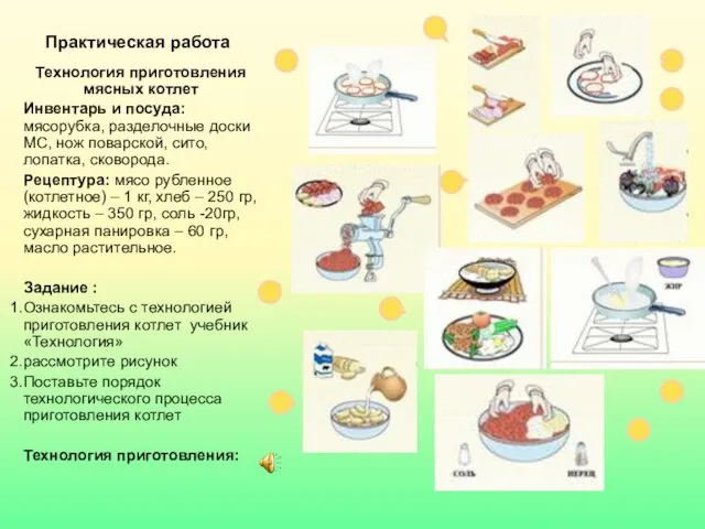 Практическая работа Технология приготовления мясных котлет Инвентарь и посуда: мясорубка, разделочные доски