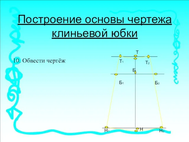 Построение основы чертежа клиньевой юбки 10. Обвести чертёж Т Н Б Т1