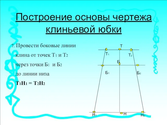 Построение основы чертежа клиньевой юбки 7. Провести боковые линии клина от точек