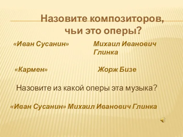 Назовите композиторов, чьи это оперы? «Иван Сусанин» «Кармен» Михаил Иванович Глинка Жорж