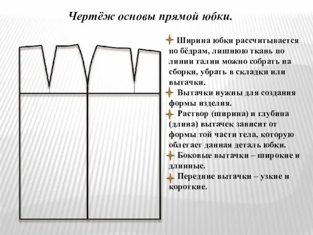 Чертёж основы прямой юбки. Ширина юбки рассчитывается по бёдрам, лишнюю ткань по