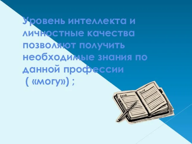 Уровень интеллекта и личностные качества позволяют получить необходимые знания по данной профессии ( «могу») ;