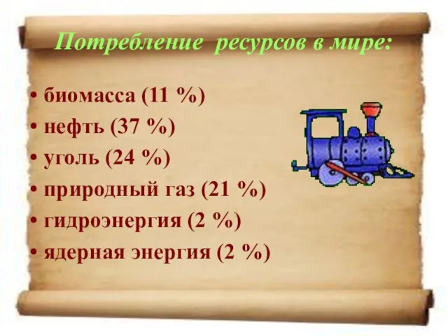 Потребление ресурсов в мире: биомасса (11 %) нефть (37 %) уголь (24