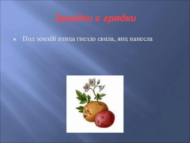 Загадки с грядки Под землёй птица гнездо свила, яиц нанесла