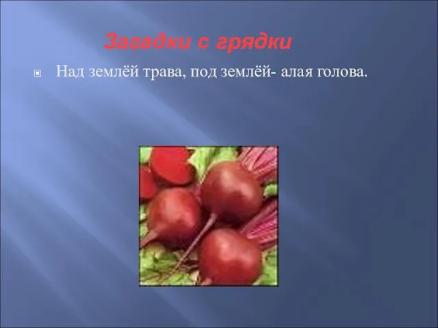 Загадки с грядки Над землёй трава, под землёй- алая голова.