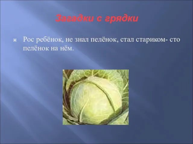 Загадки с грядки Рос ребёнок, не знал пелёнок, стал стариком- сто пелёнок на нём.