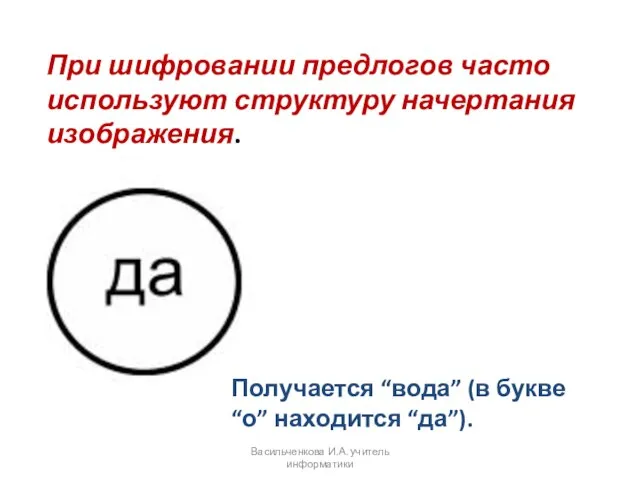 При шифровании предлогов часто используют структуру начертания изображения. Получается “вода” (в букве