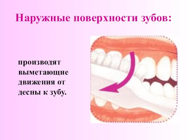 Наружные поверхности зубов: производят выметающие движения от десны к зубу.