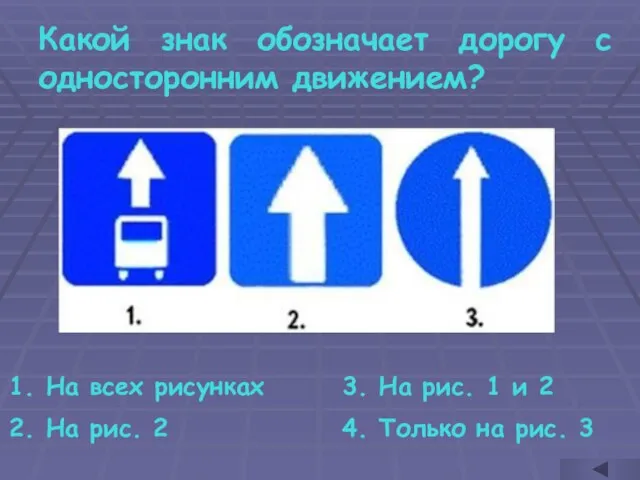 Какой знак обозначает дорогу с односторонним движением? На всех рисунках На рис.