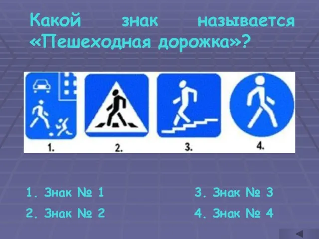 Какой знак называется «Пешеходная дорожка»? Знак № 1 Знак № 2 3.