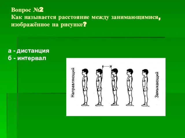 Вопрос №2 Как называется расстояние между занимающимися, изображённое на рисунке? а - дистанция б - интервал