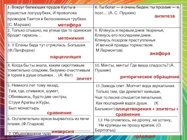 метафора метонимия парцелляция эпитет сравнение инверсия оксюморон антитеза анафора риторическое обращение олицетворения