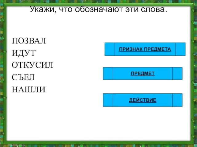 Укажи, что обозначают эти слова. ПОЗВАЛ ИДУТ ОТКУСИЛ СЪЕЛ НАШЛИ ПРЕДМЕТ ПРИЗНАК ПРЕДМЕТА ДЕЙСТВИЕ