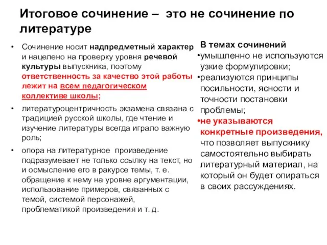 Итоговое сочинение – это не сочинение по литературе Сочинение носит надпредметный характер